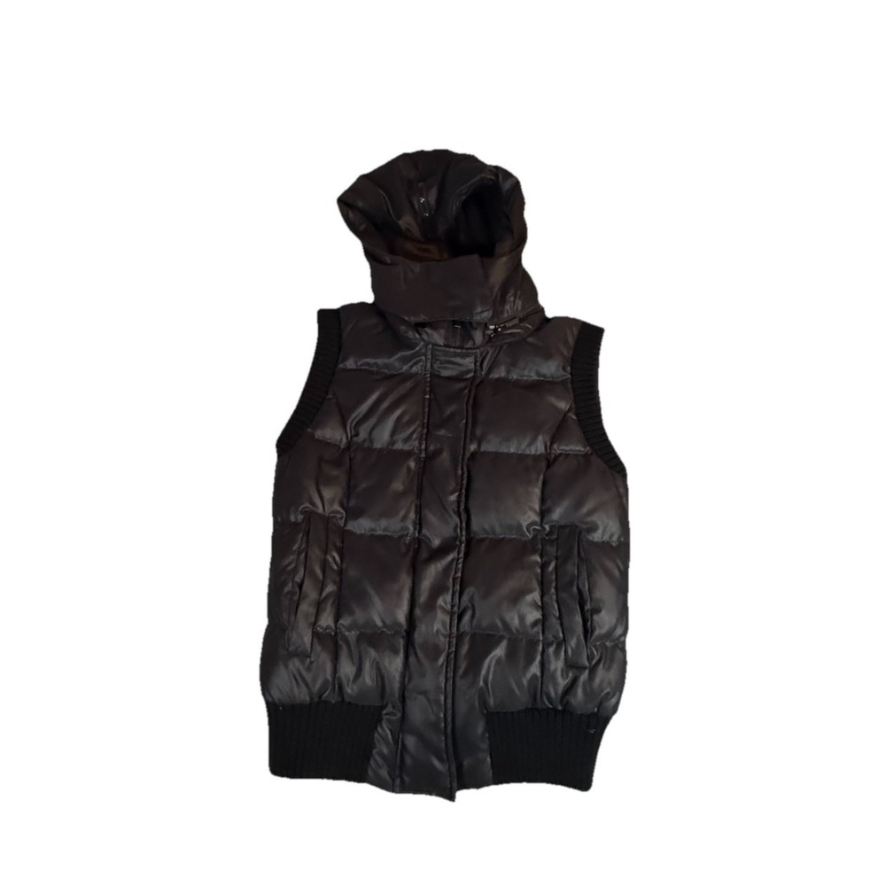 BCBG MAX AZRIA Black Down Puffer‎ Vest Women's XS Quilted Detachable Hood Ribbed